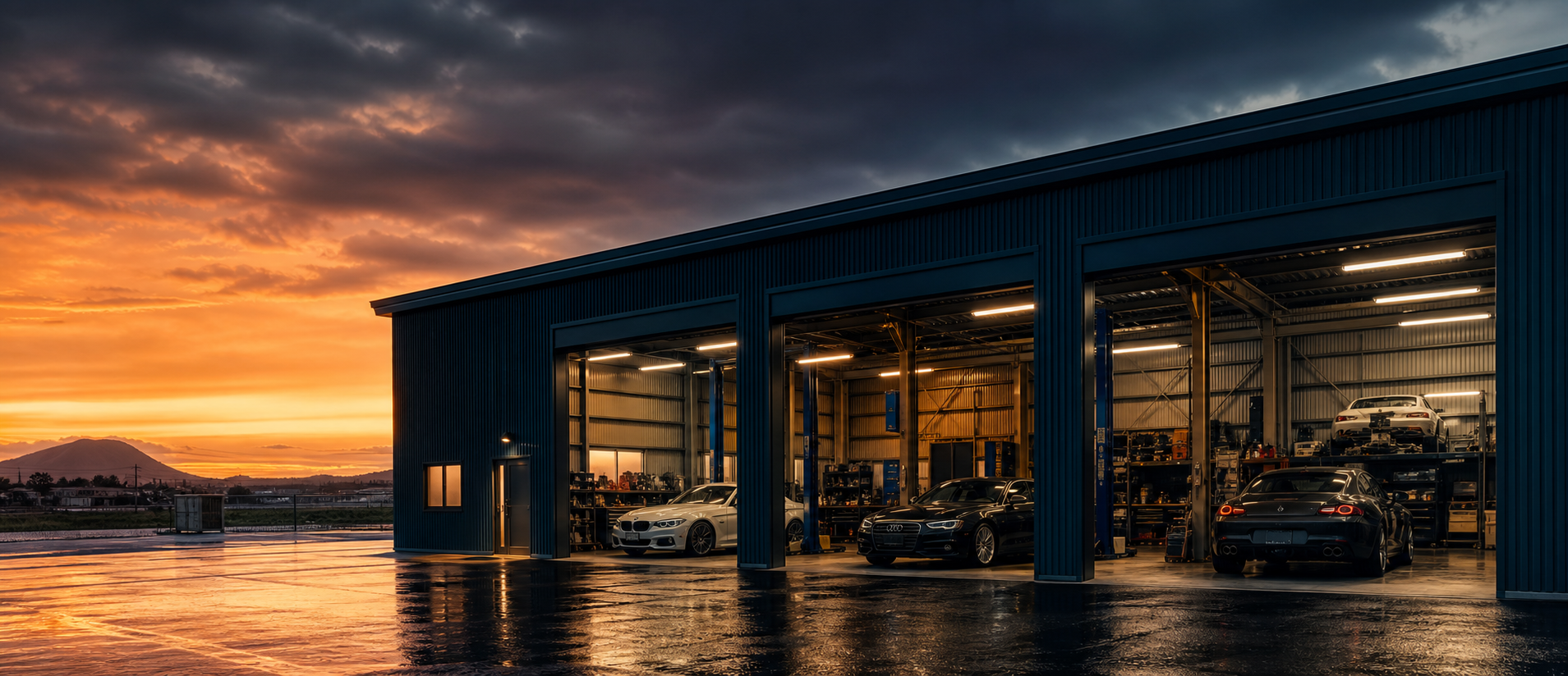 夕暮れの自動車整備工場